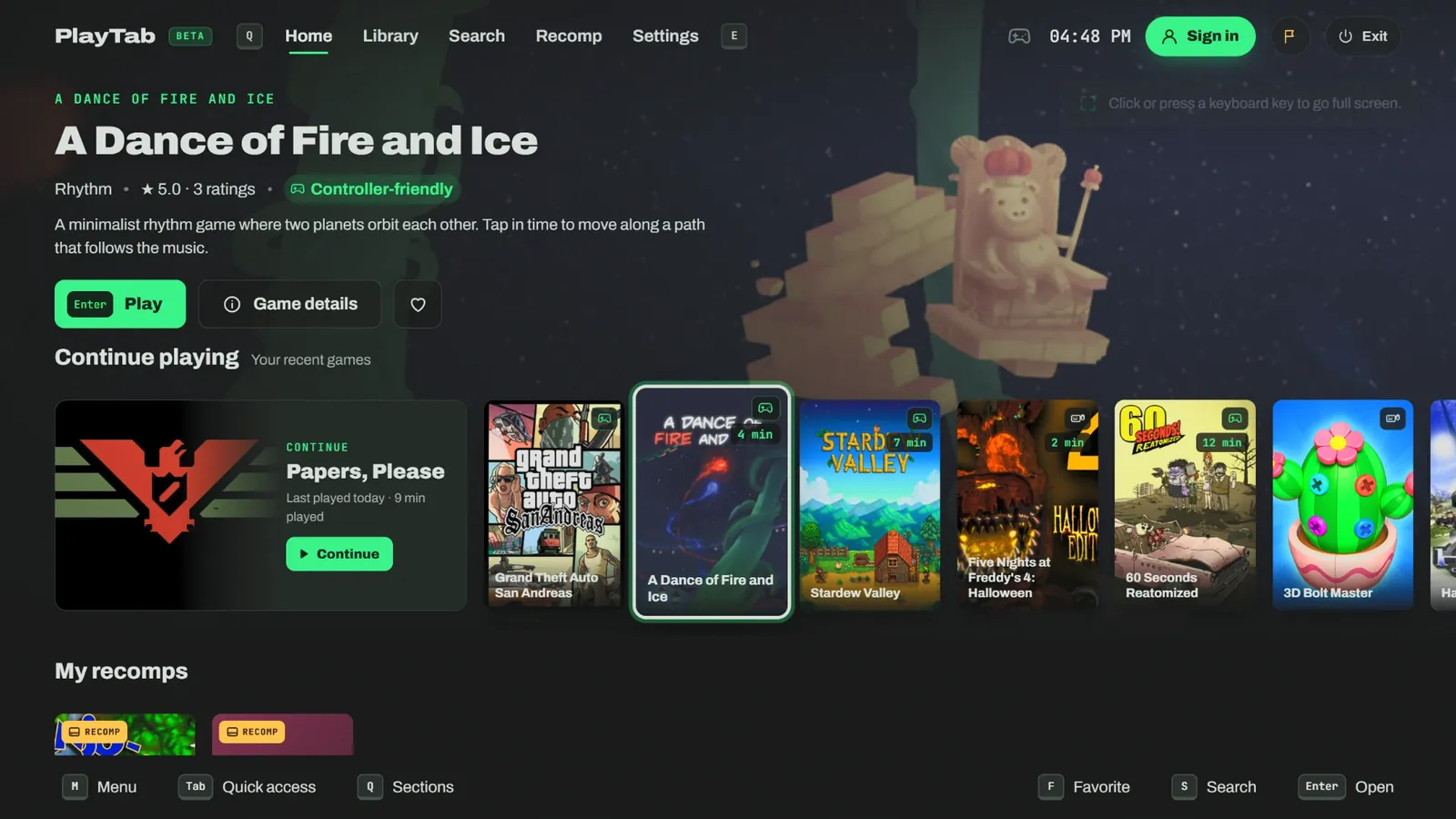 Home: resume your game with one button