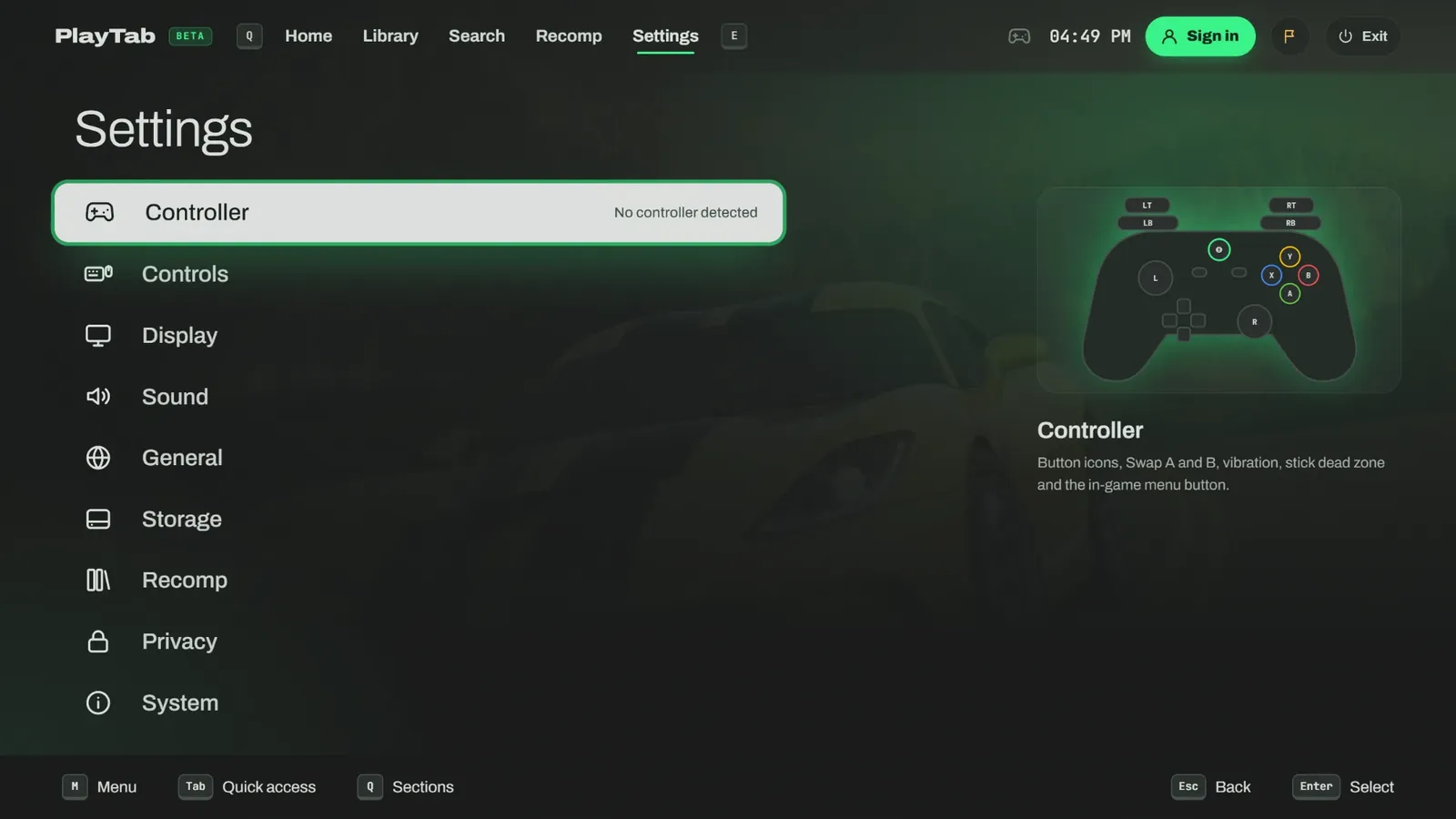 Console-style settings, all with a controller